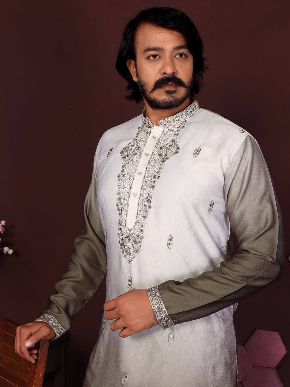 deep melvet mehndi Embroidered Silk Kurta for Men