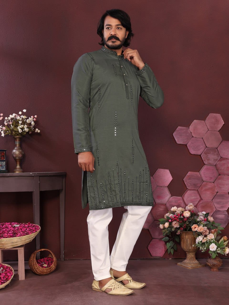 mehndi Handcrafted Mirror Work Silk Kurta for Men (Limited Edition)