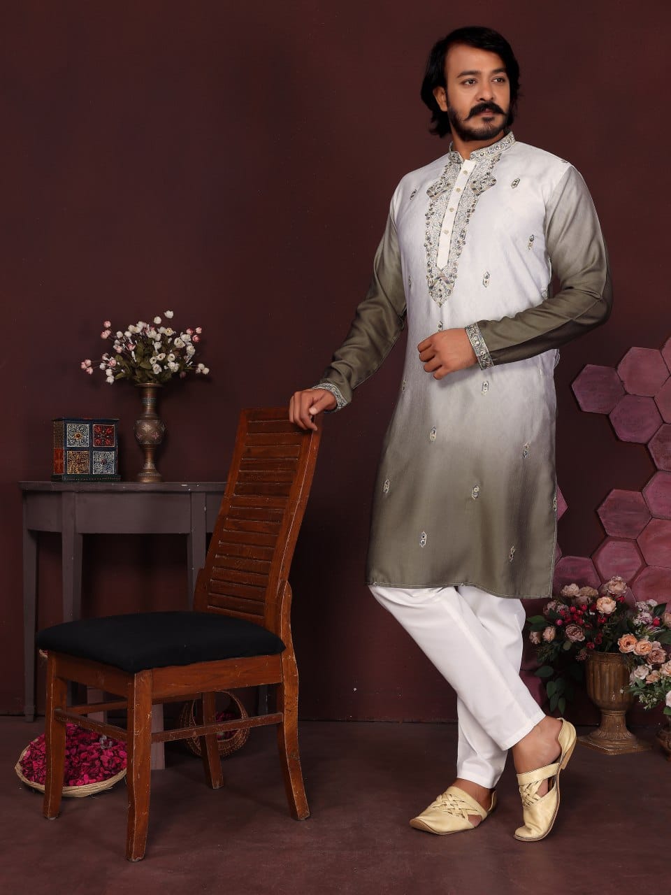 deep melvet mehndi Embroidered Silk Kurta for Men