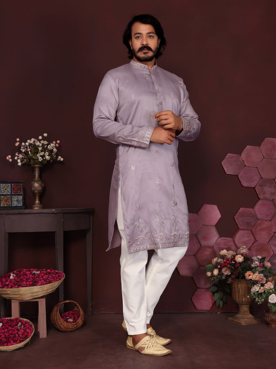 Dusty Mauve Handcrafted Mirror Work Silk Kurta for Men (Limited Edition)