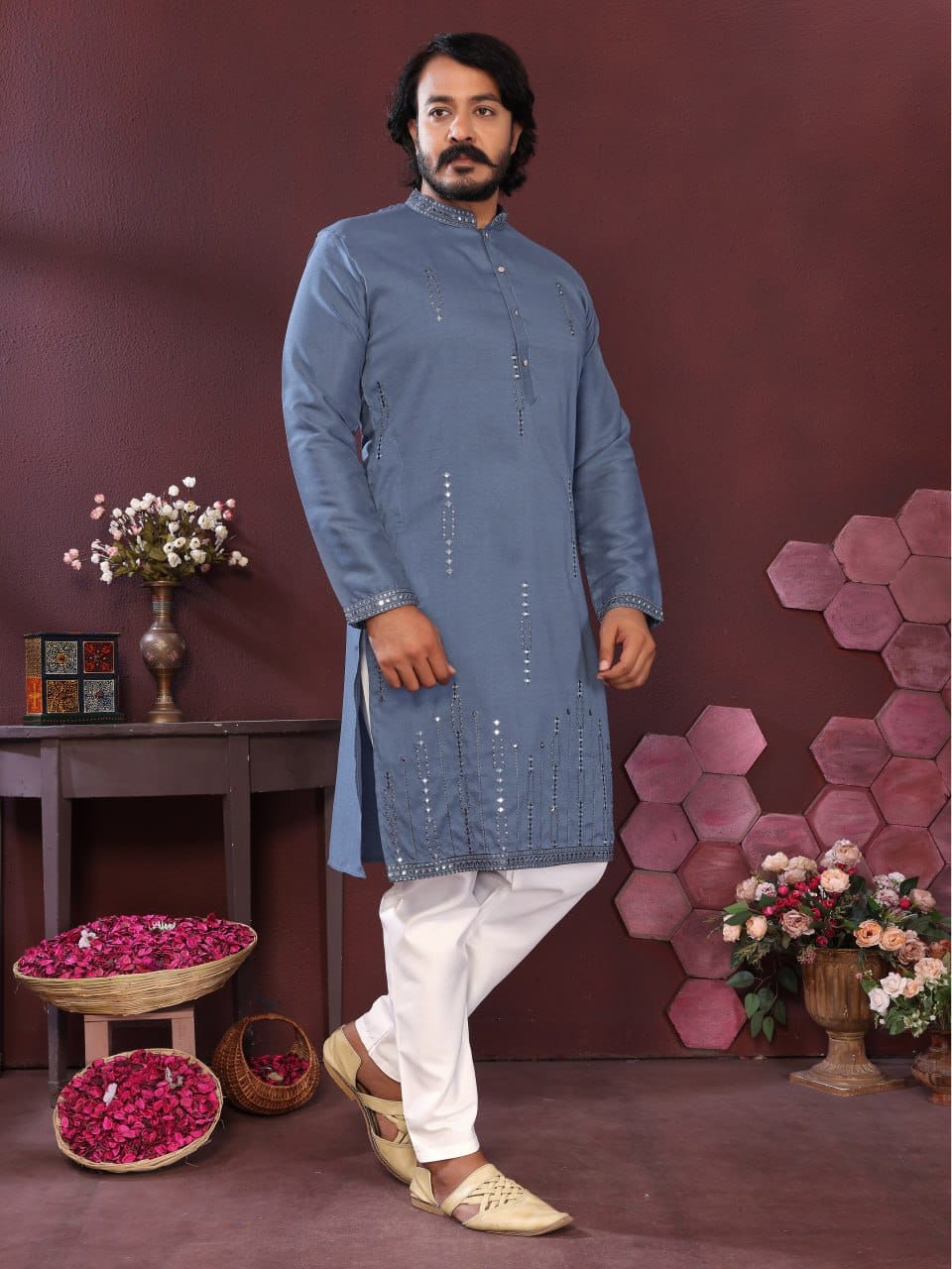 steel blue Handcrafted Mirror Work Silk Kurta for Men (Limited Edition)