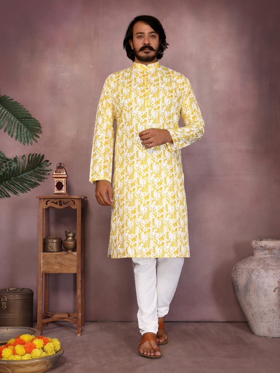 Lemon Yellow Printed Kurta for Men