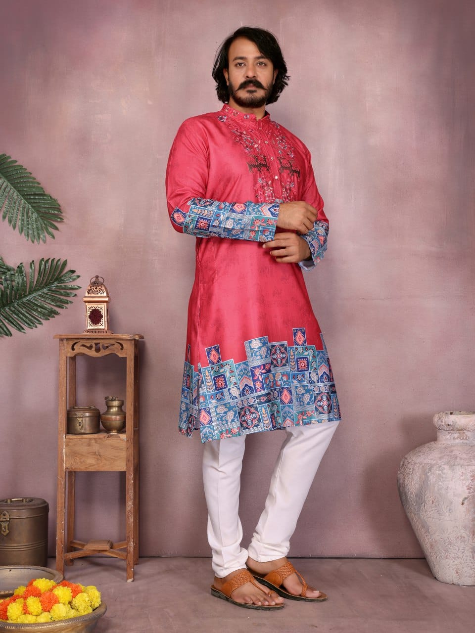 watermelon red–   Embroidered & Printed Kurta for Men