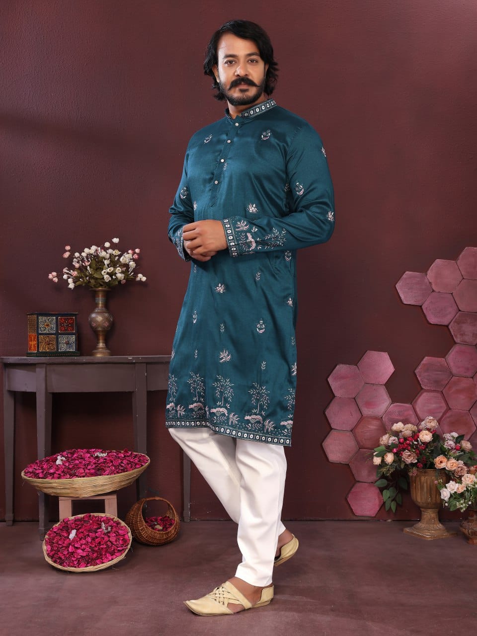 teal blue Embroidered Silk Kurta for Men
