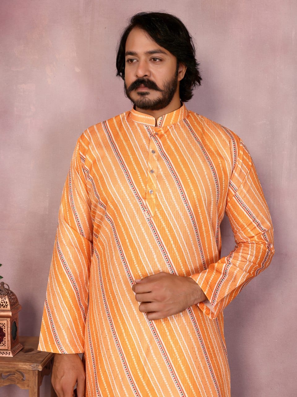 Sunset Orange crochet & printed Striped Kurta for Men