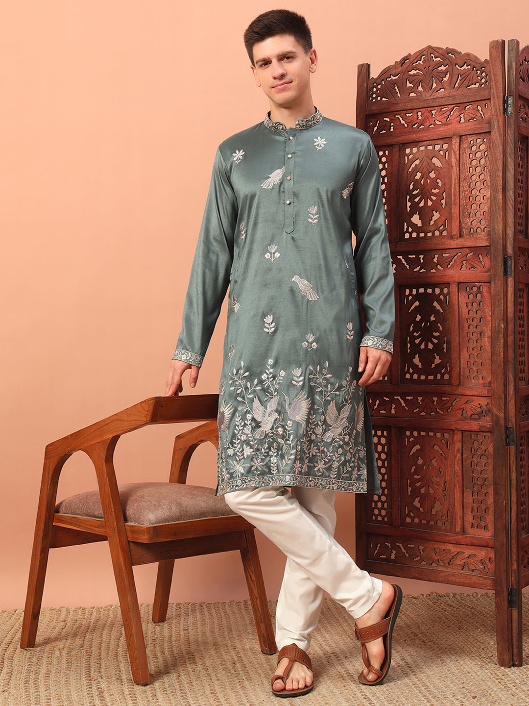 dusty mint green– Embroidered Kurta with Bird Motif for Men