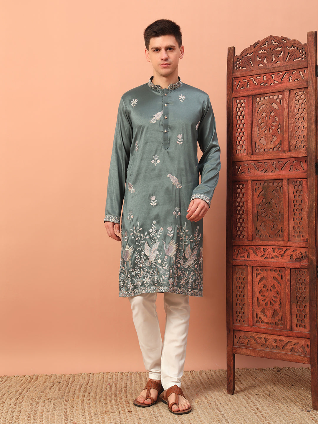 dusty mint green– Embroidered Kurta with Bird Motif for Men