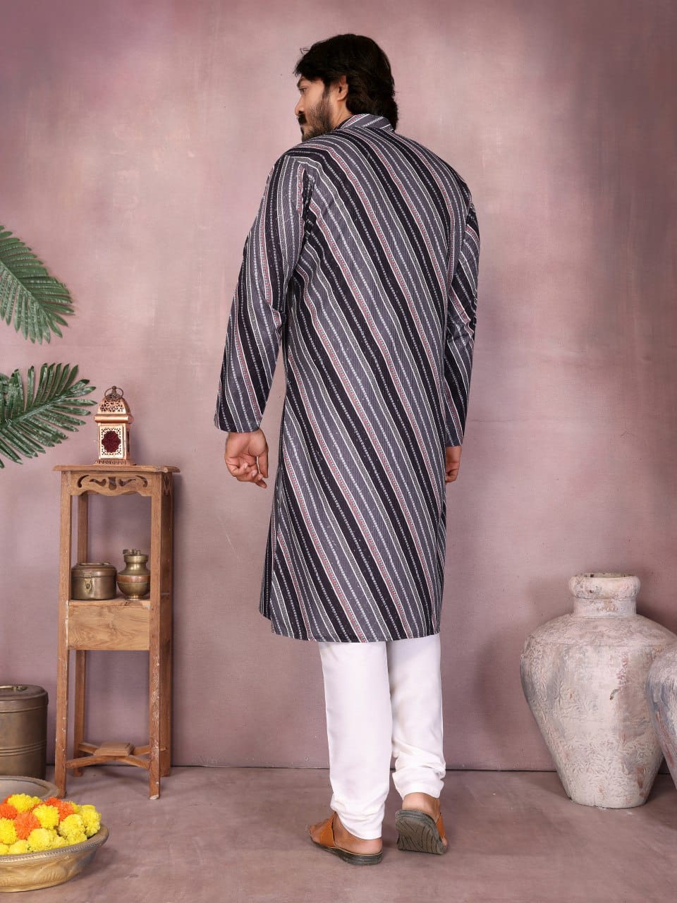 midnight grey crochet & printed Striped Kurta for Men
