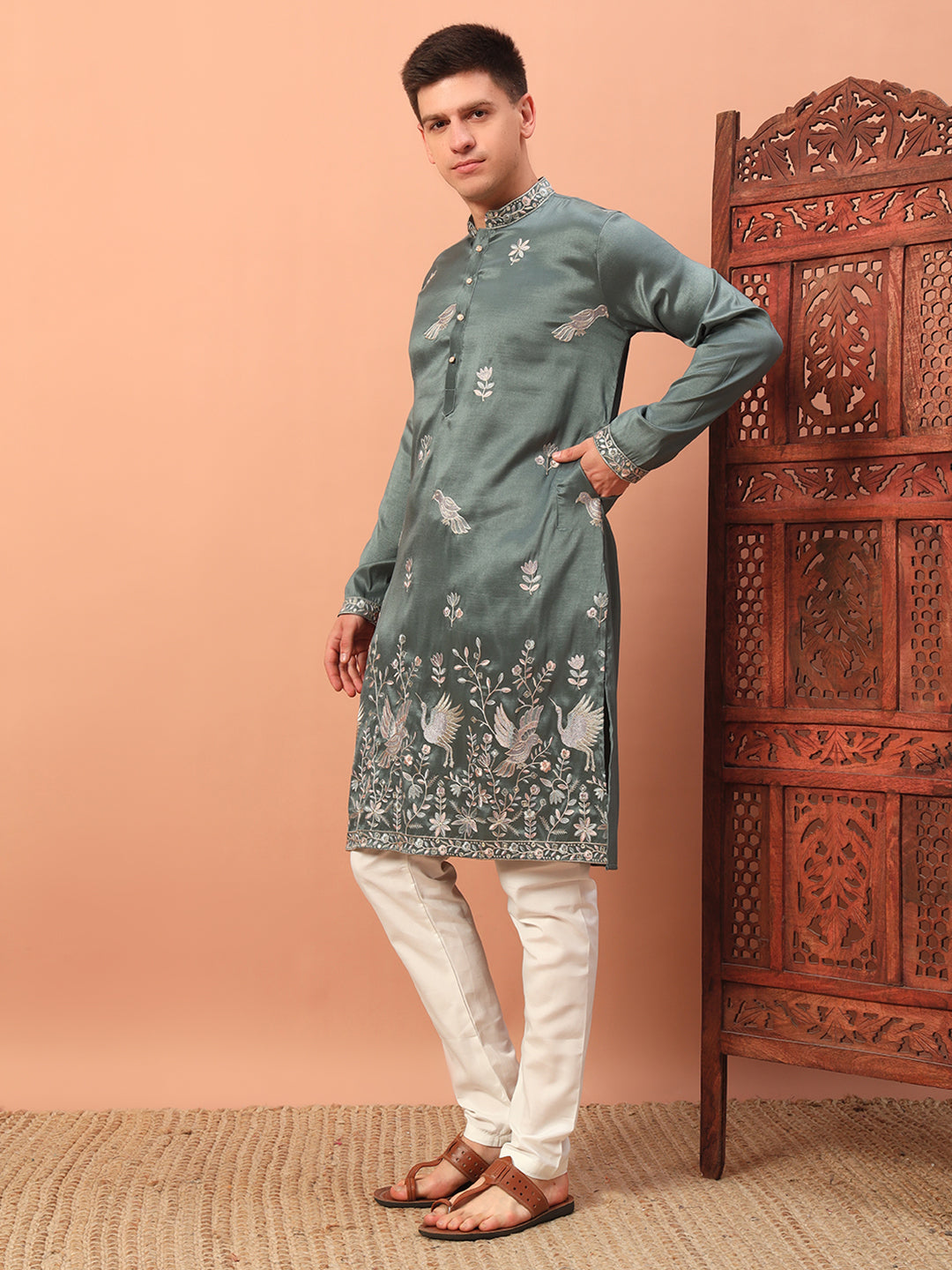 dusty mint green– Embroidered Kurta with Bird Motif for Men