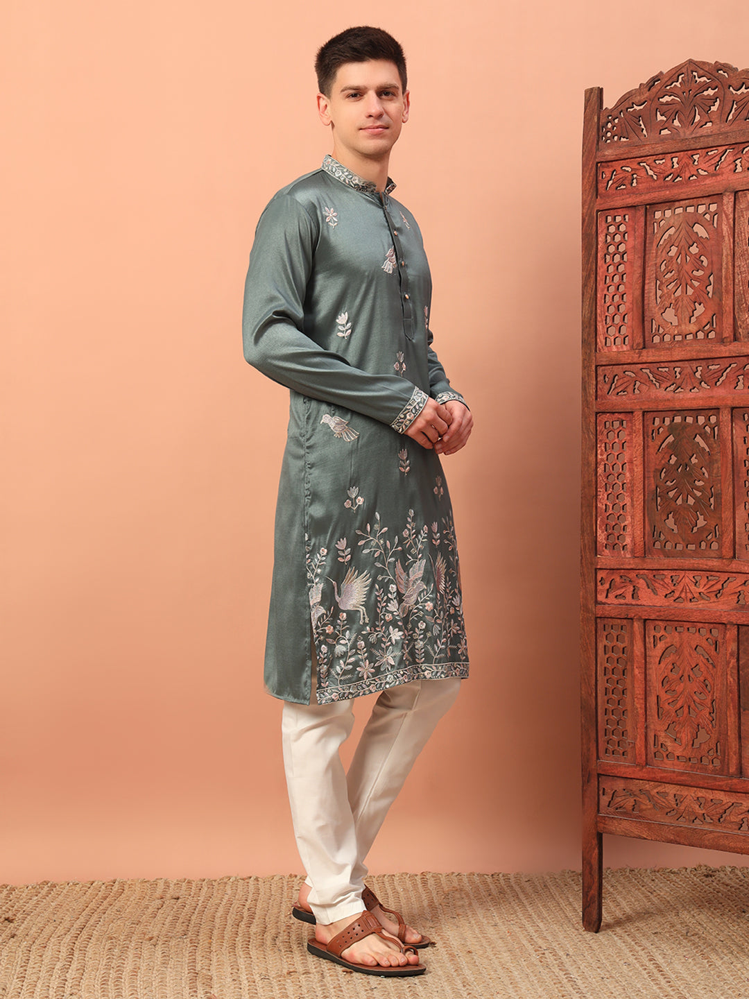 dusty mint green– Embroidered Kurta with Bird Motif for Men