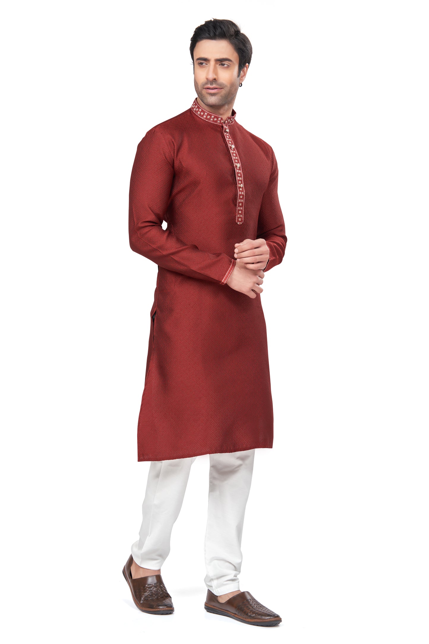 Regal Crimson Jacquard Kurta – For the Modern Maharaja