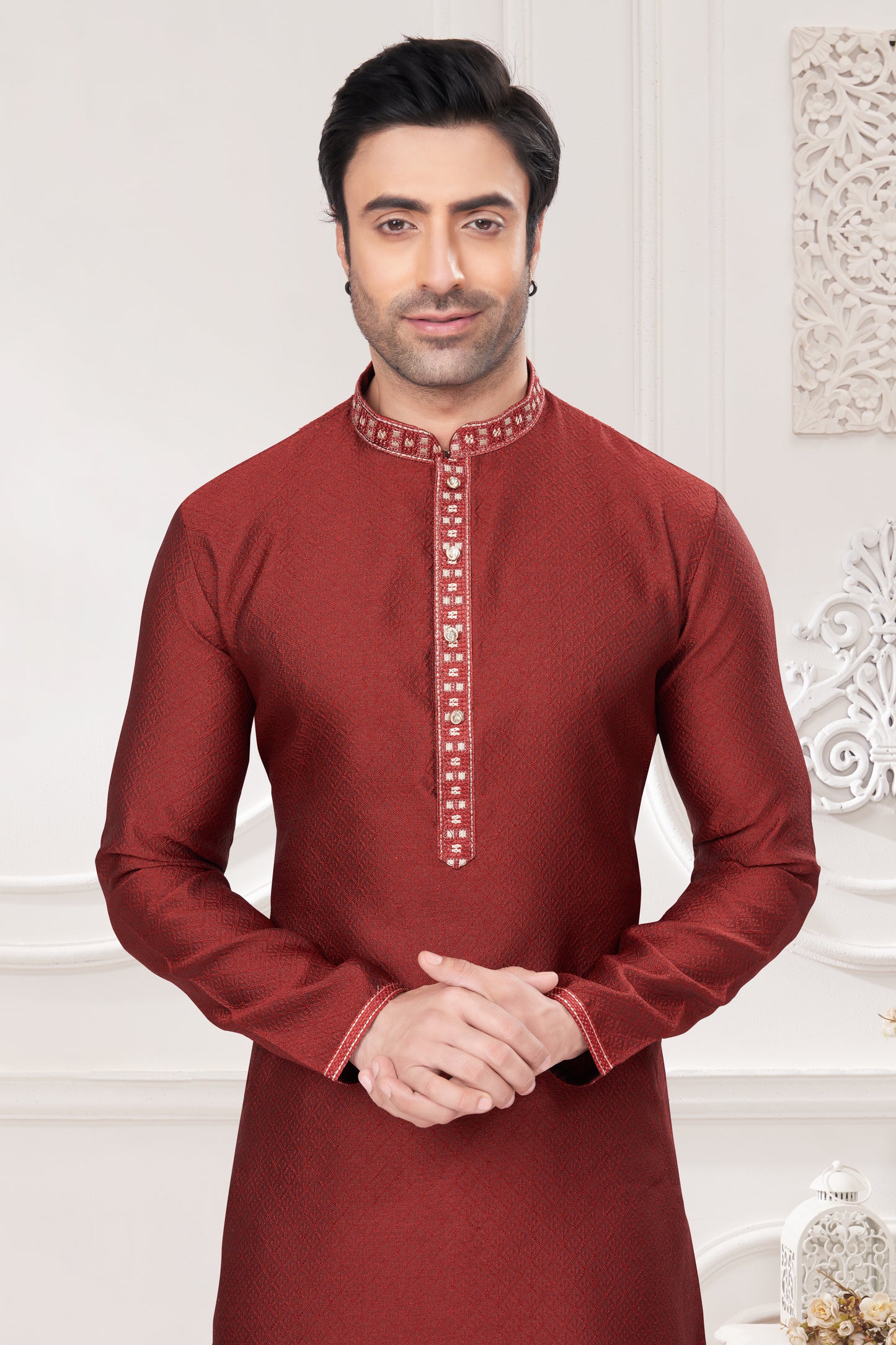 Regal Crimson Jacquard Kurta – For the Modern Maharaja
