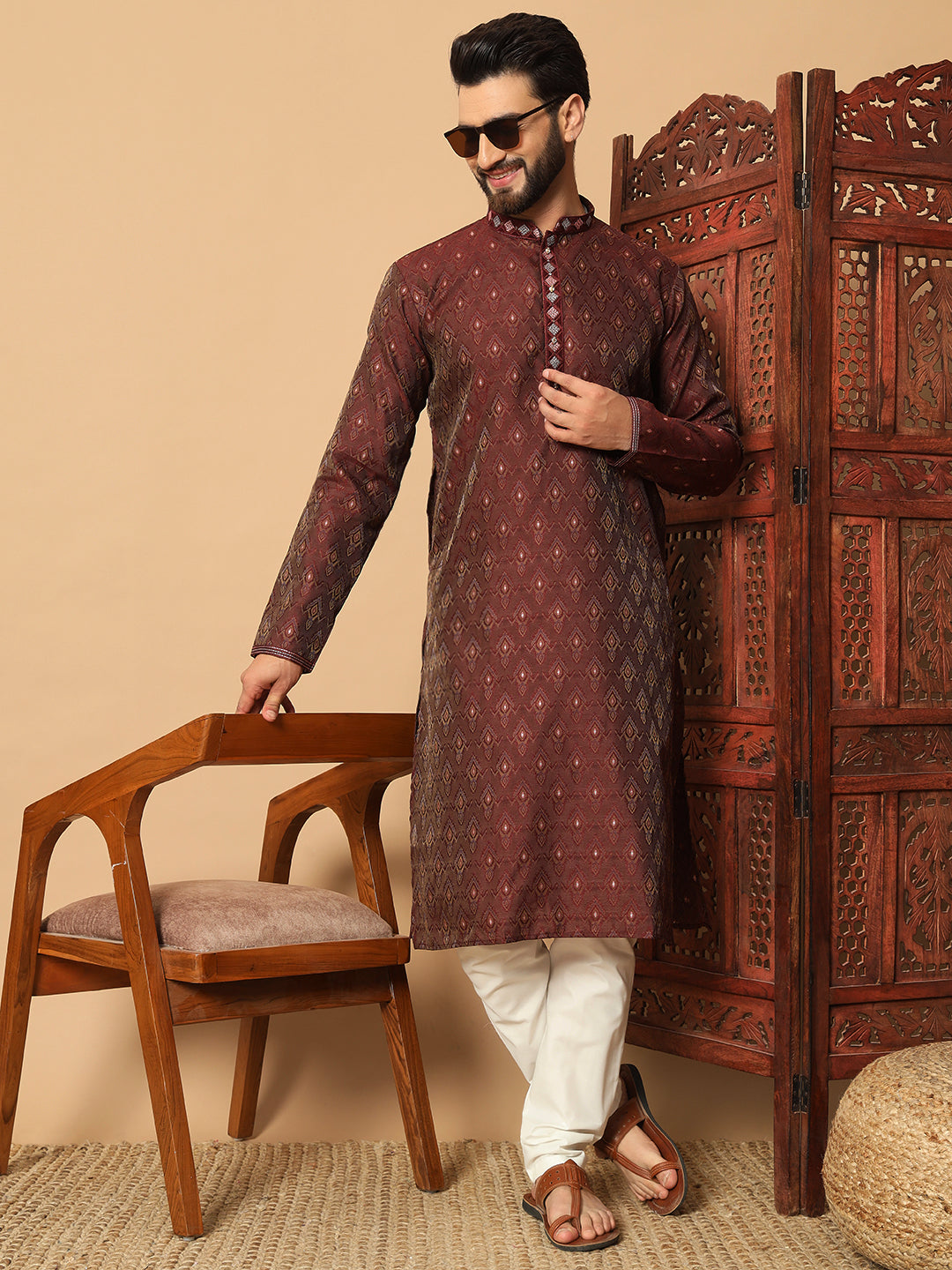 Maroon Jacquard Kurta with Contrast Lace Detailing