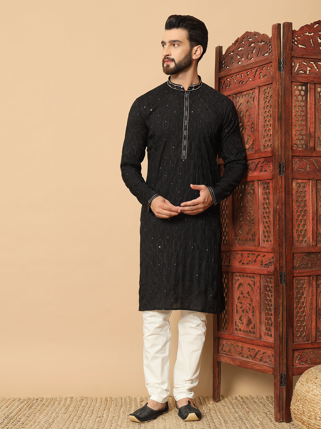 Noir Majesty – Black Embroidered Kurta for Men