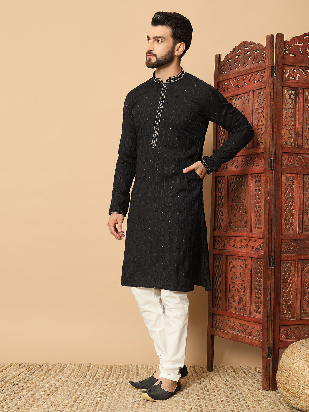 Noir Majesty – Black Embroidered Kurta for Men