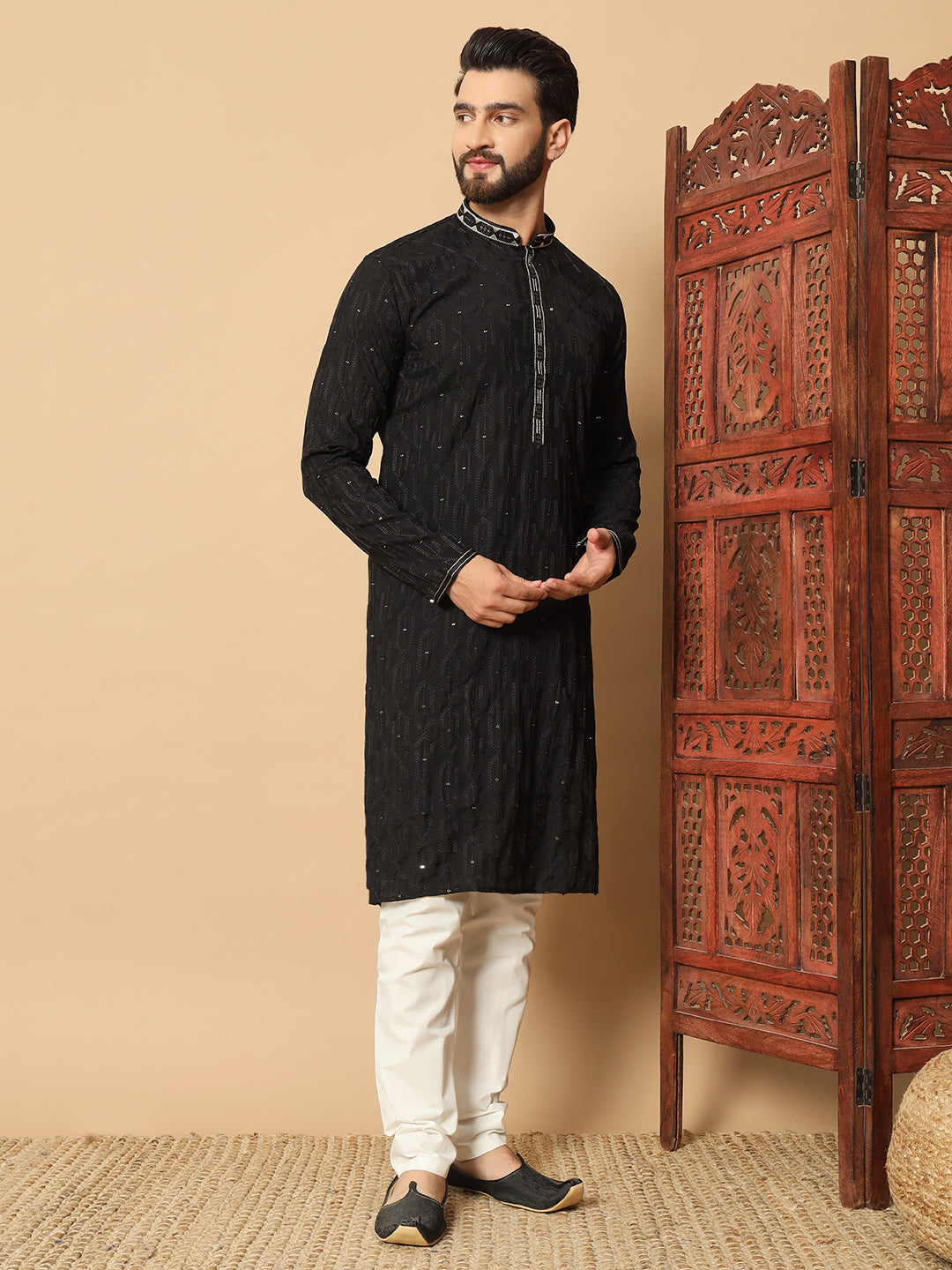 Noir Majesty – Black Embroidered Kurta for Men