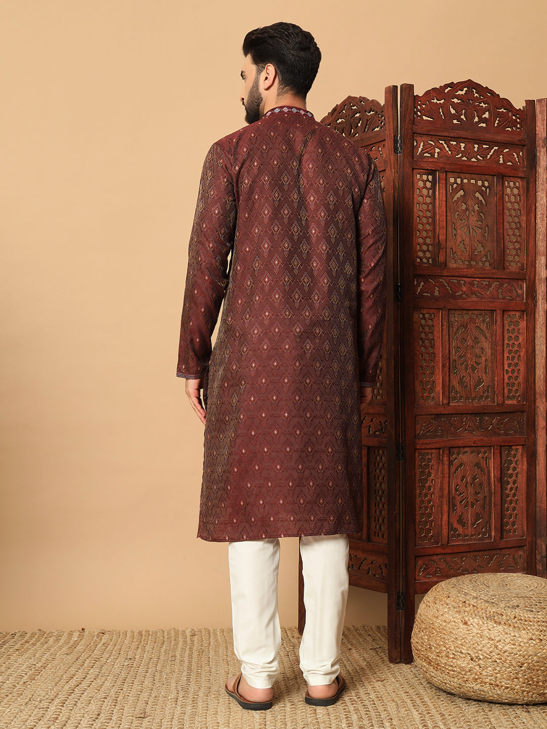Maroon Jacquard Kurta with Contrast Lace Detailing