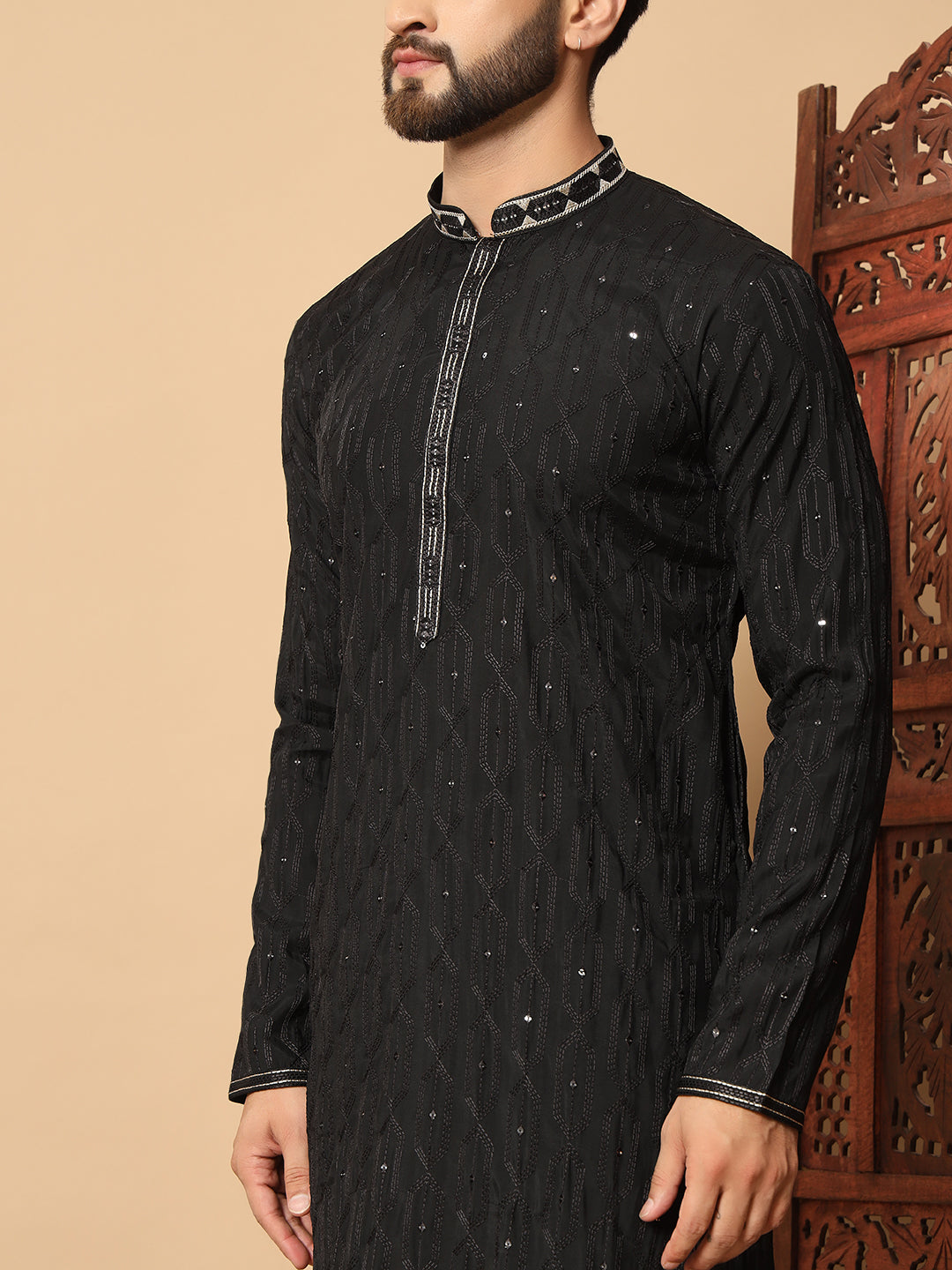 Noir Majesty – Black Embroidered Kurta for Men