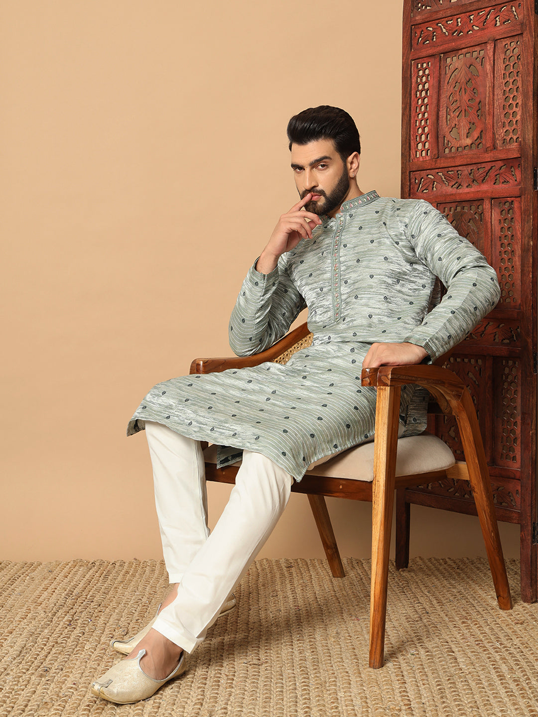 ivory opulence silver  – Sequin Embellished Kurta for Men