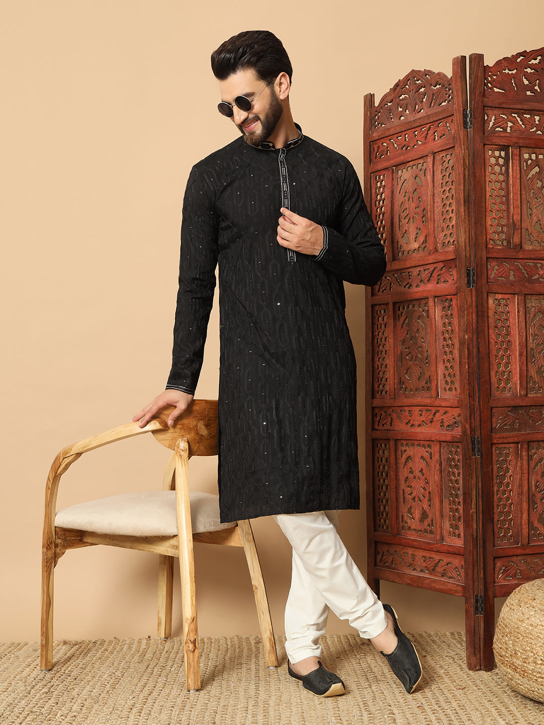 Noir Majesty – Black Embroidered Kurta for Men