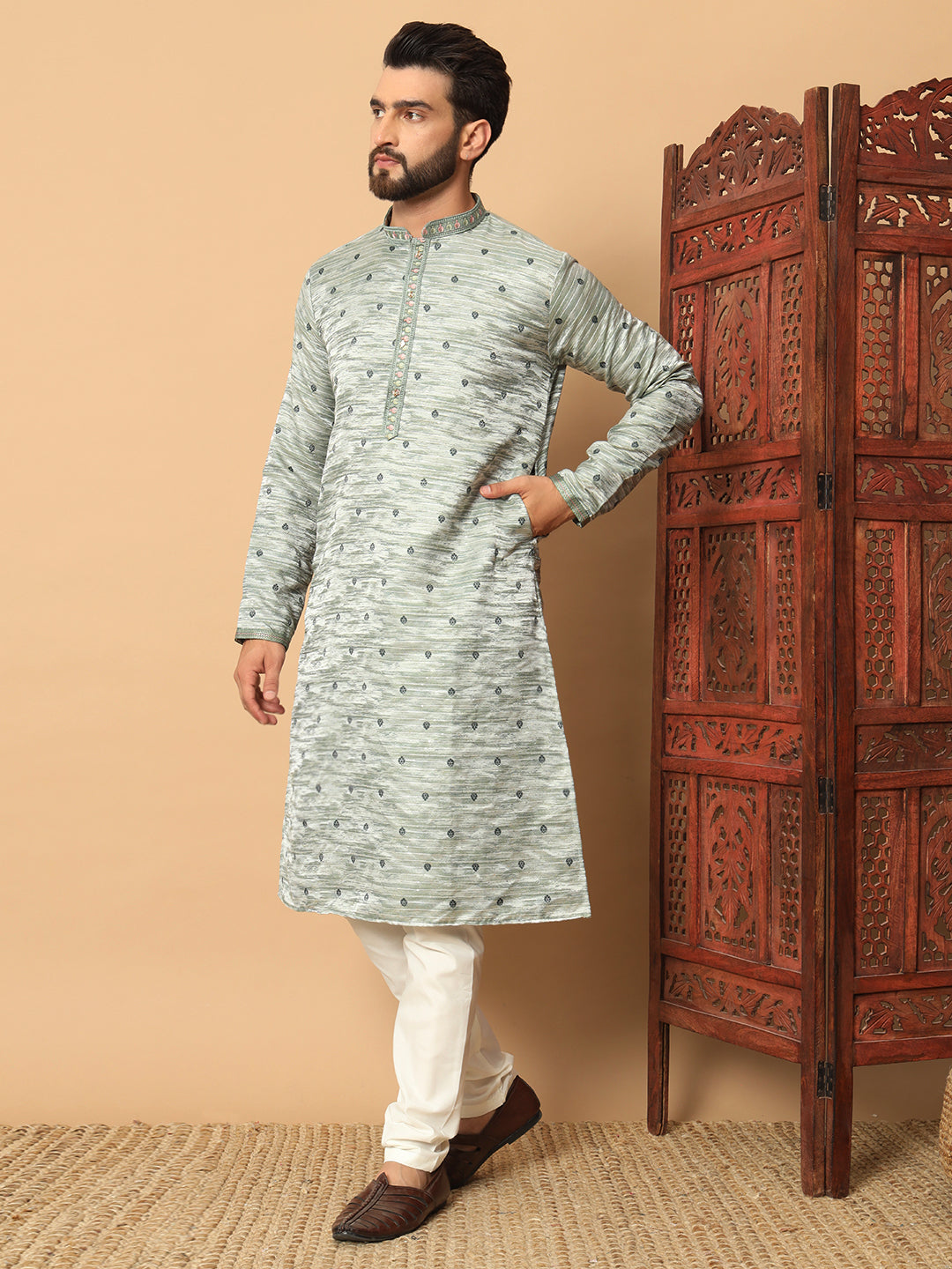 ivory opulence silver  – Sequin Embellished Kurta for Men