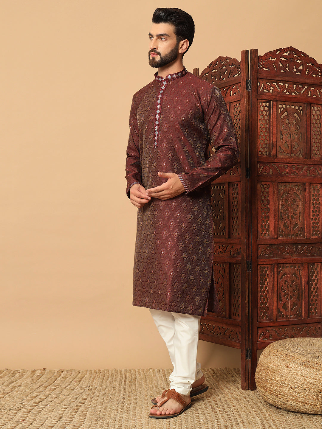 Maroon Jacquard Kurta with Contrast Lace Detailing
