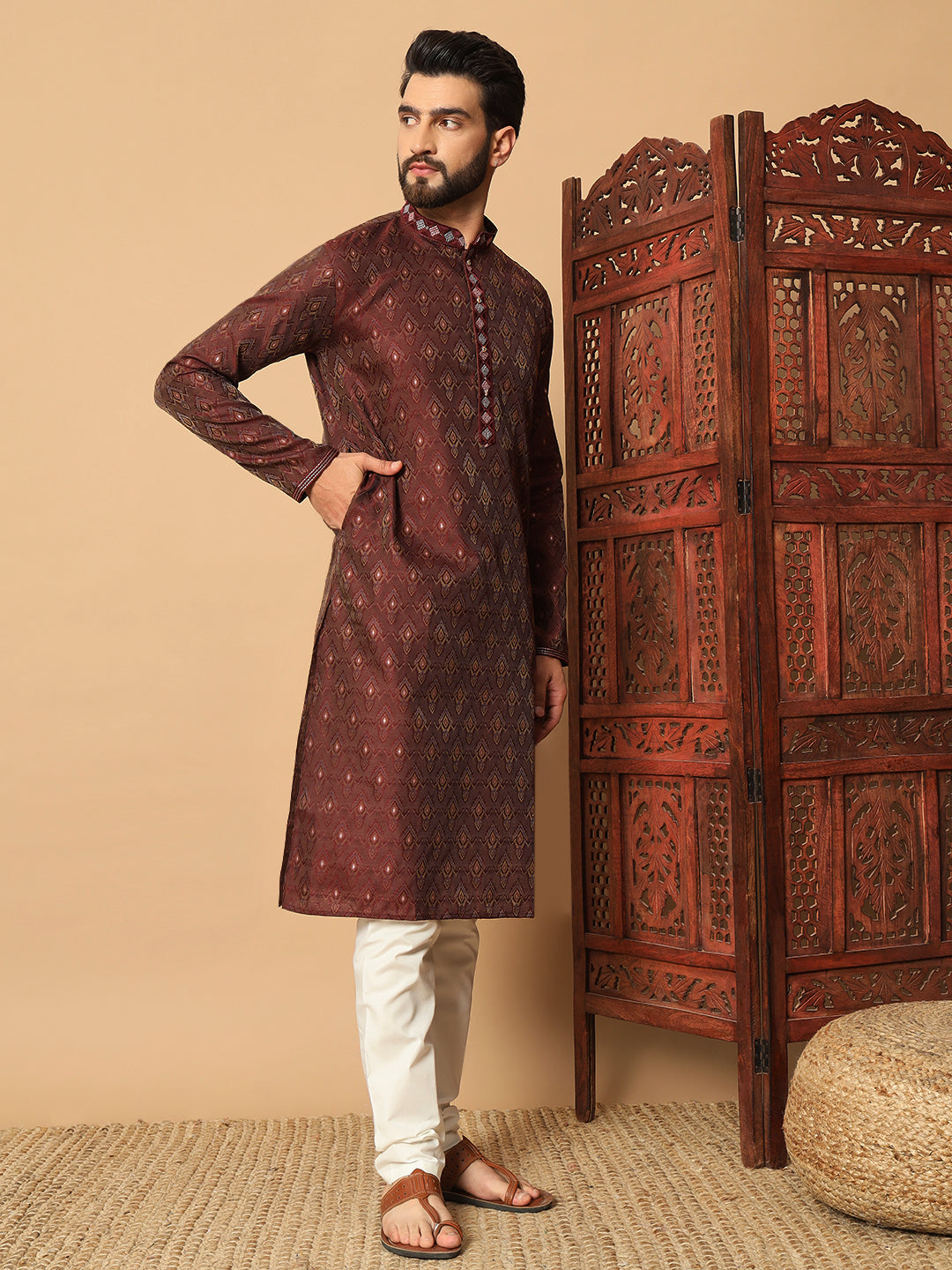 Maroon Jacquard Kurta with Contrast Lace Detailing