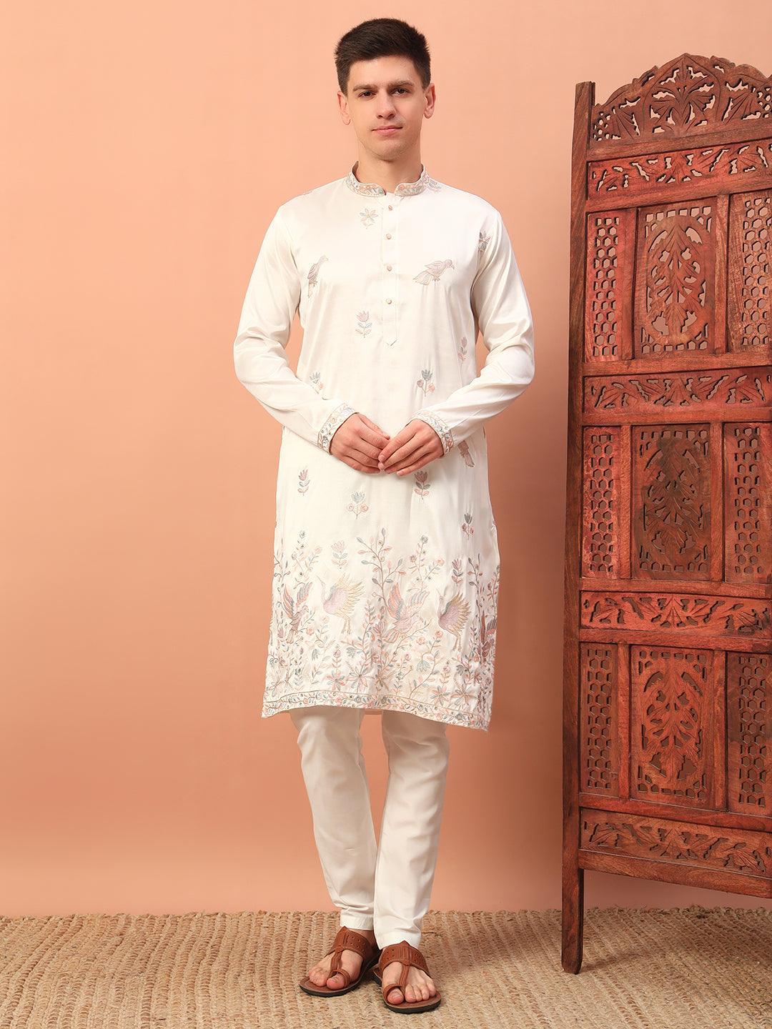 Ivory Grace – Embroidered Kurta with Bird Motif for Men