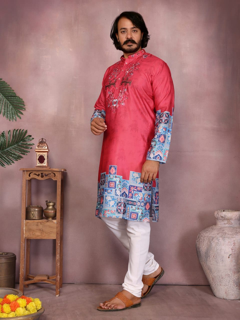 watermelon red–   Embroidered & Printed Kurta for Men