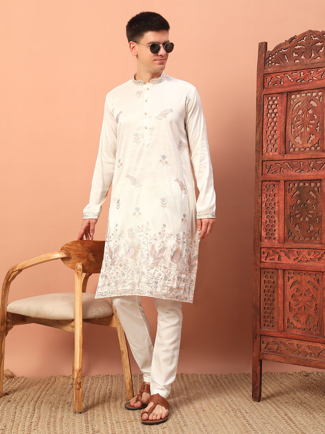 Ivory Grace – Embroidered Kurta with Bird Motif for Men