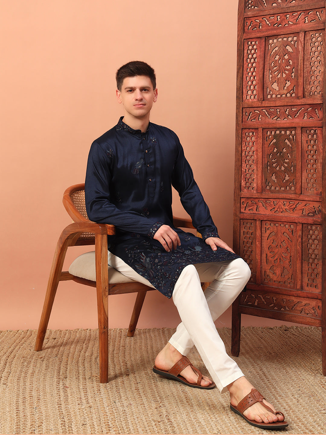N blue – Embroidered Kurta with Bird Motif for Men