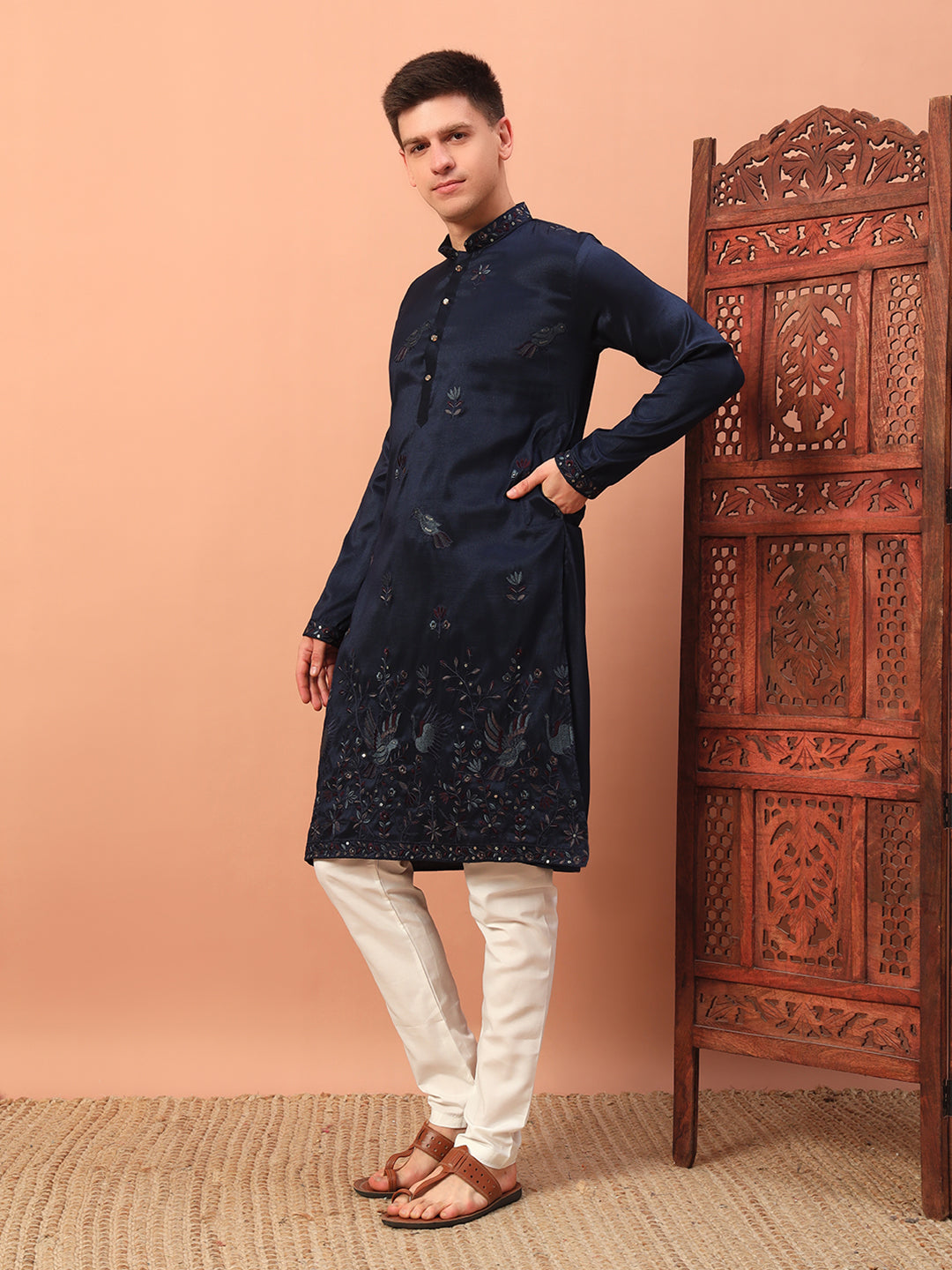 N blue – Embroidered Kurta with Bird Motif for Men