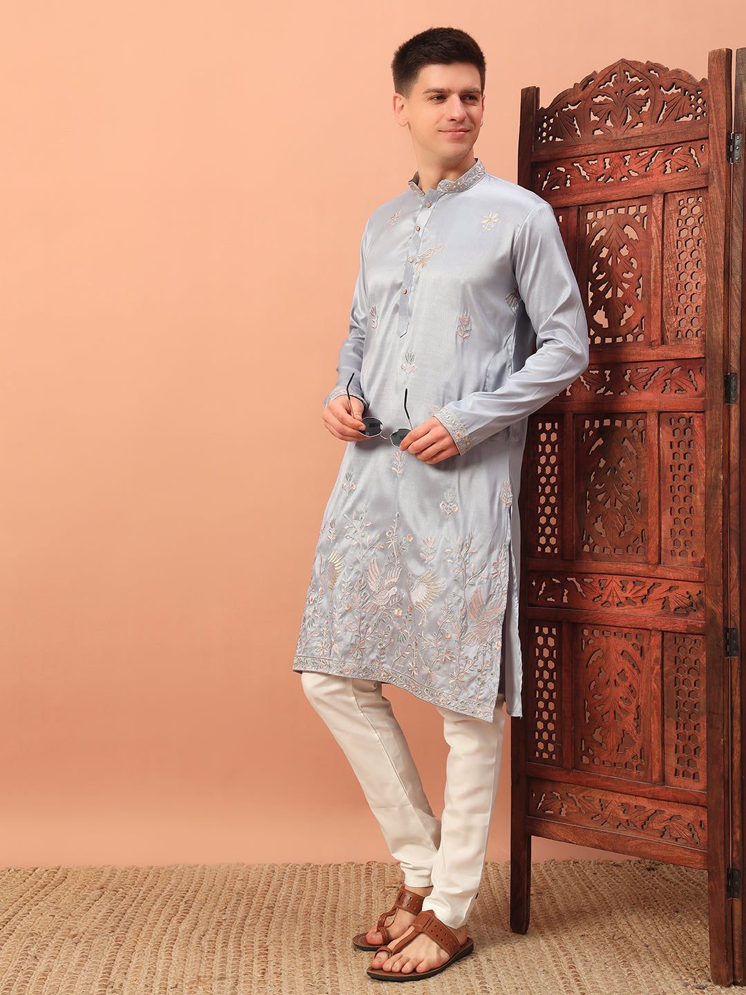 powder blue harmony  – Embroidered Kurta with Bird Motif for Men