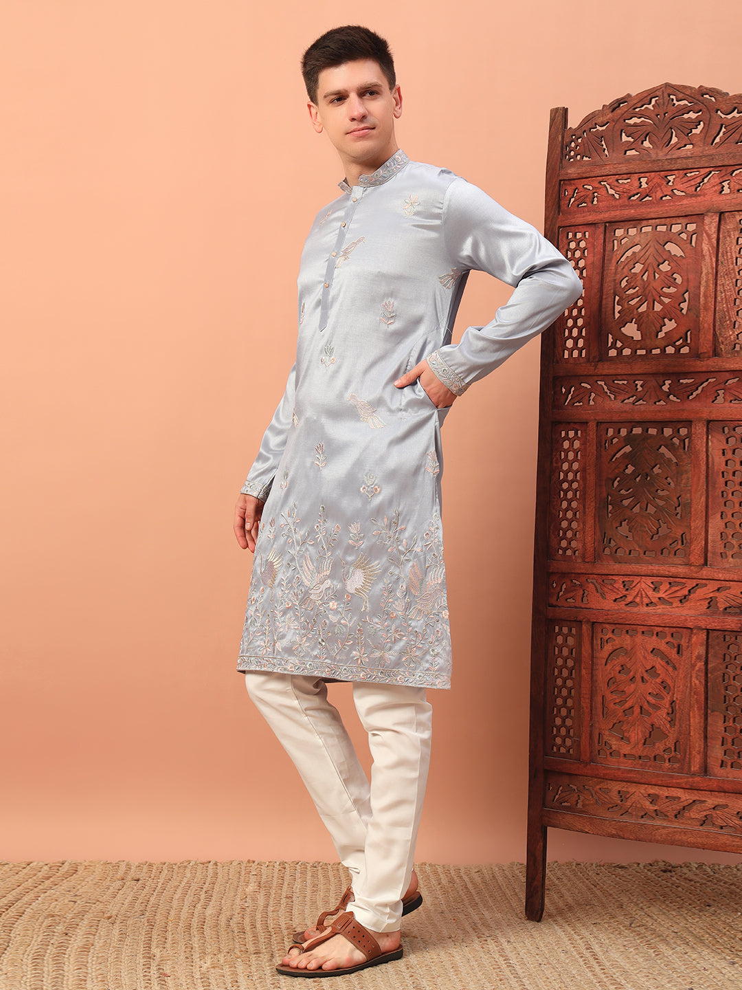 powder blue harmony  – Embroidered Kurta with Bird Motif for Men