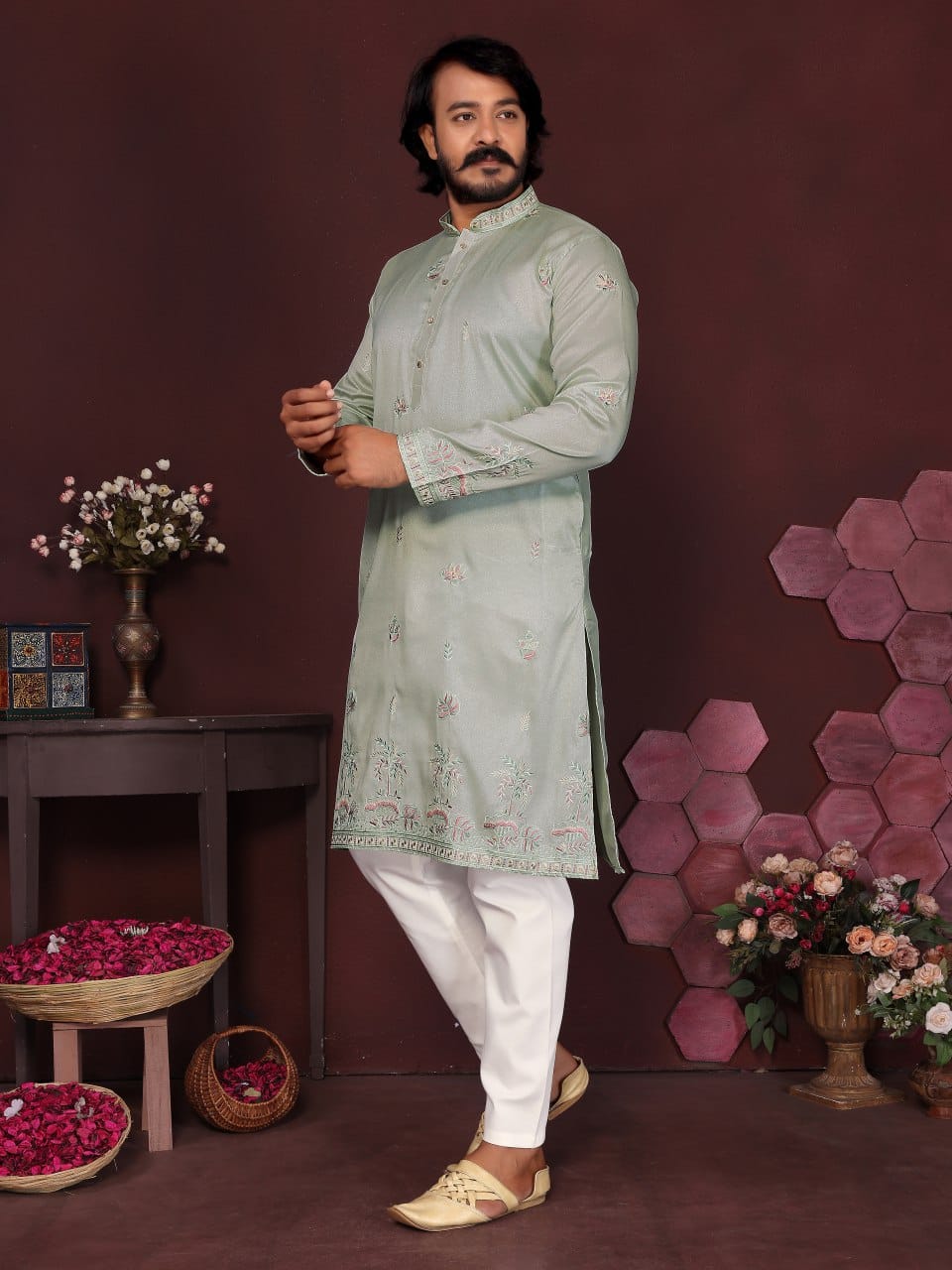 sage green(light pista) Embroidered Silk Kurta for Men