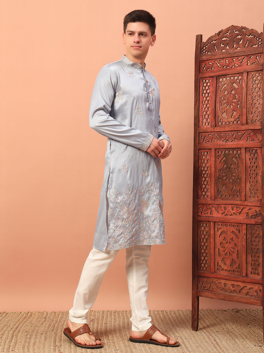 powder blue harmony  – Embroidered Kurta with Bird Motif for Men
