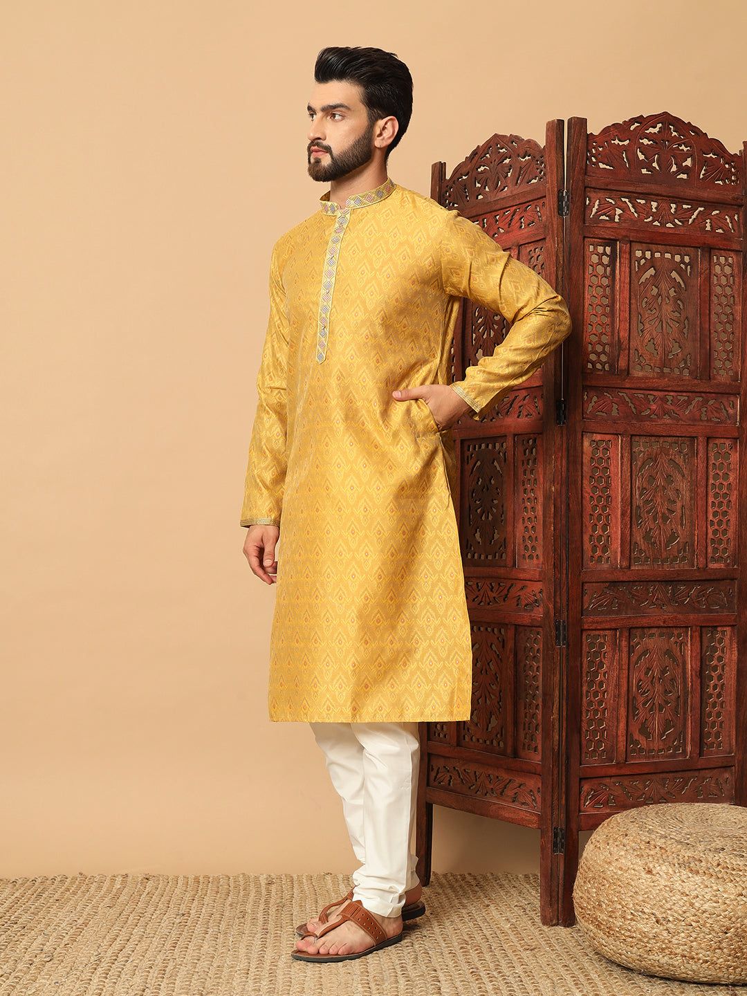 tinted gold Kurta with Contrast Lace Detailing