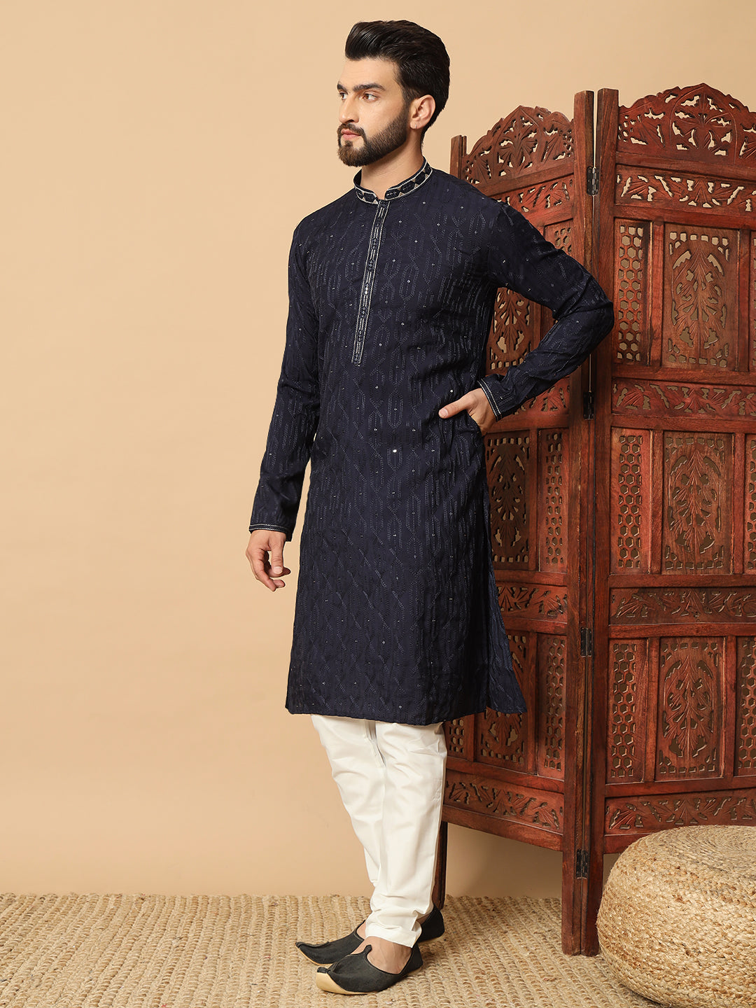 Noir Majesty –tinted N blue Embroidered Kurta for Men