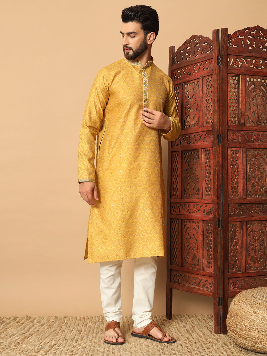 tinted gold Kurta with Contrast Lace Detailing