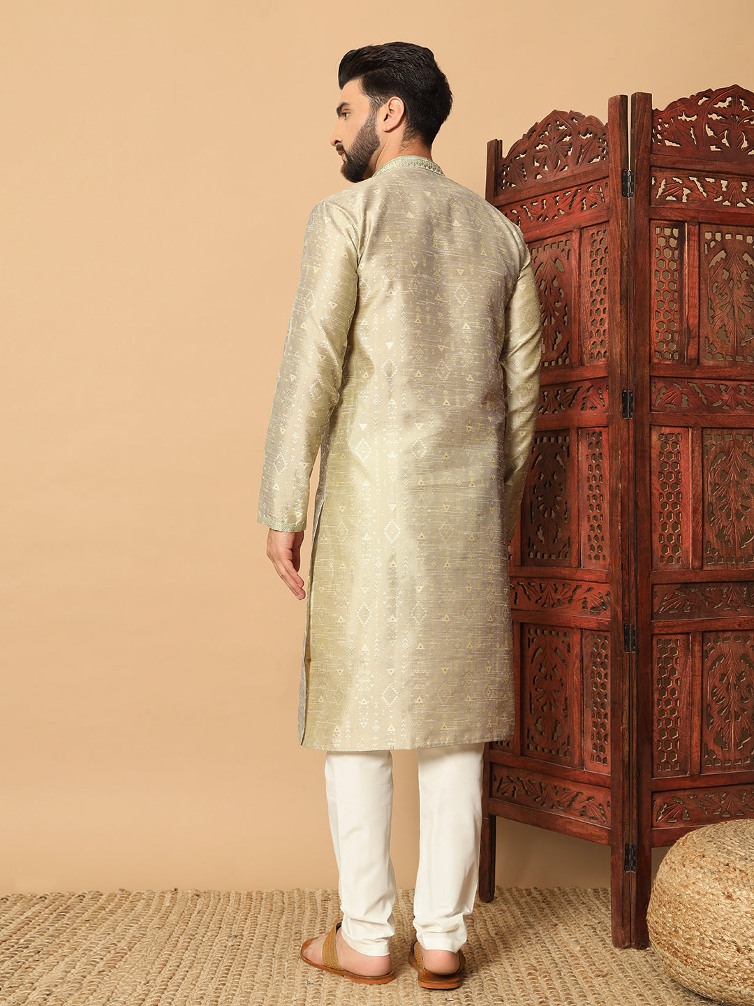 tinted lamon  Dual Weft Jacquard Kurta with Contrast Lace Detailing