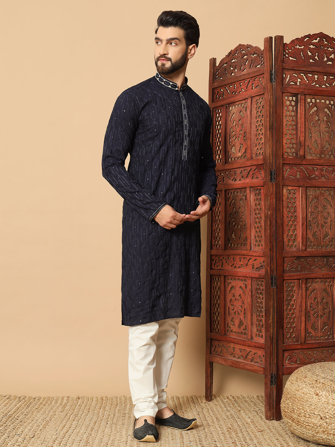 Noir Majesty –tinted N blue Embroidered Kurta for Men