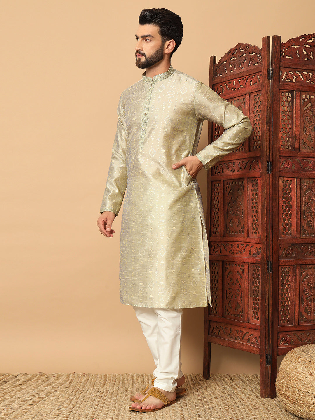 tinted lamon  Dual Weft Jacquard Kurta with Contrast Lace Detailing