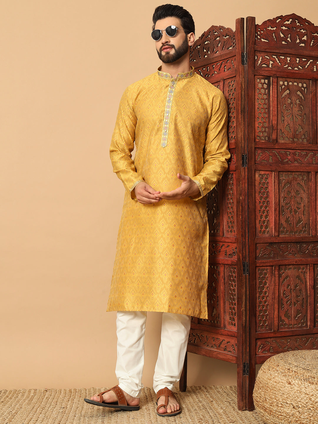 tinted gold Kurta with Contrast Lace Detailing