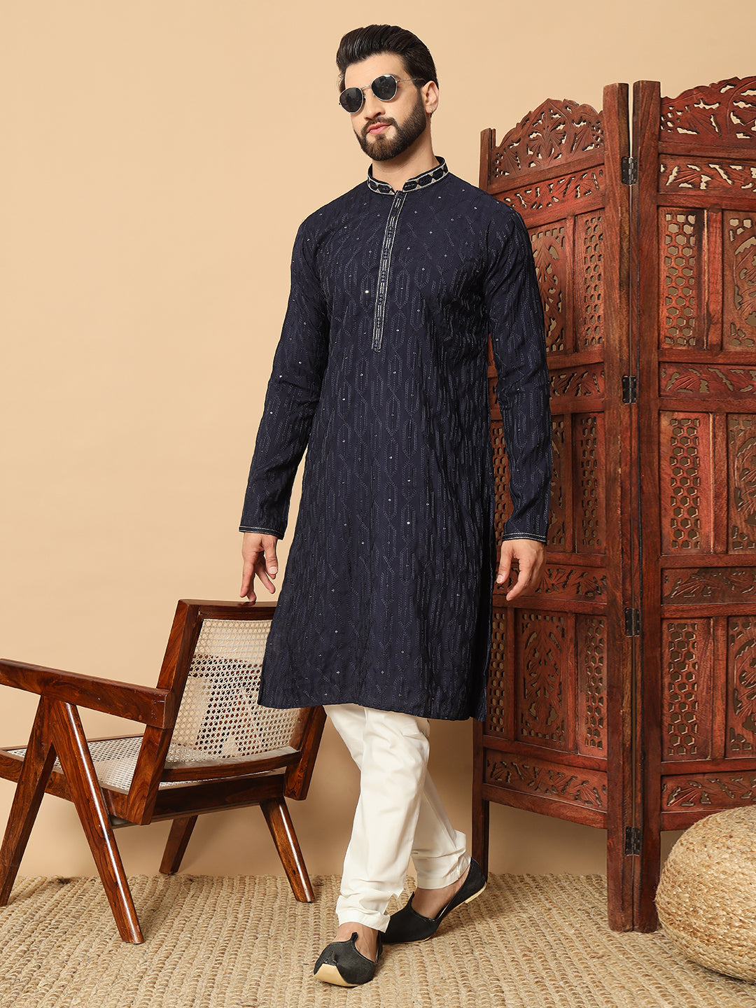 Noir Majesty –tinted N blue Embroidered Kurta for Men