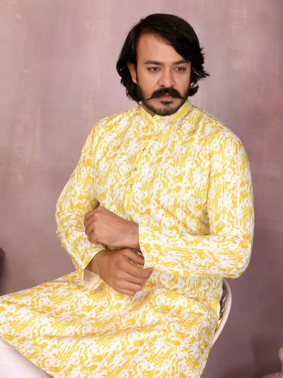 Lemon Yellow Printed Kurta for Men