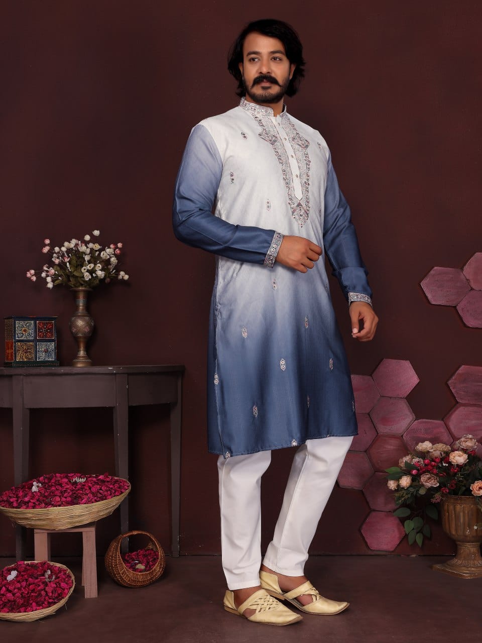 Blue Ombre Embroidered Silk Kurta for Men