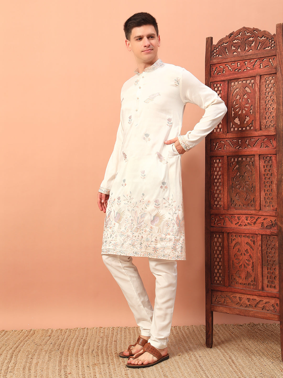 Ivory Grace – Embroidered Kurta with Bird Motif for Men