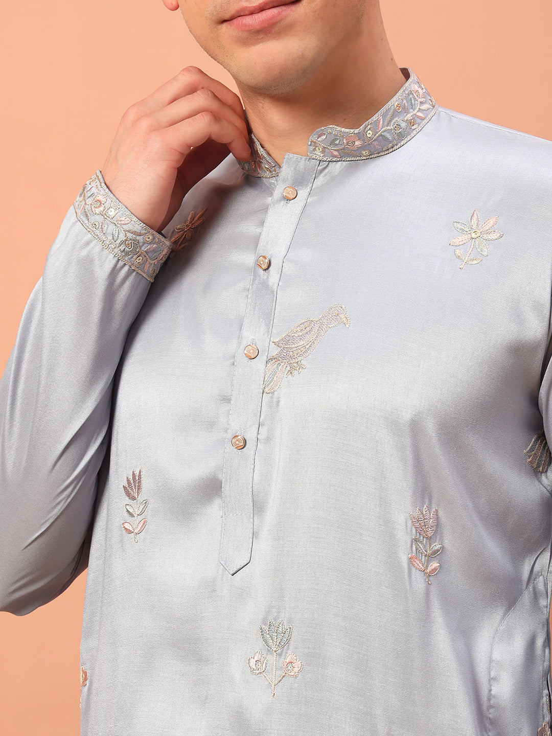powder blue harmony  – Embroidered Kurta with Bird Motif for Men