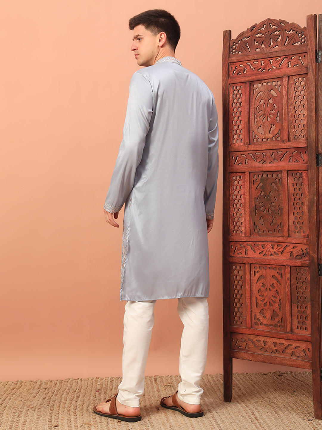 powder blue harmony  – Embroidered Kurta with Bird Motif for Men