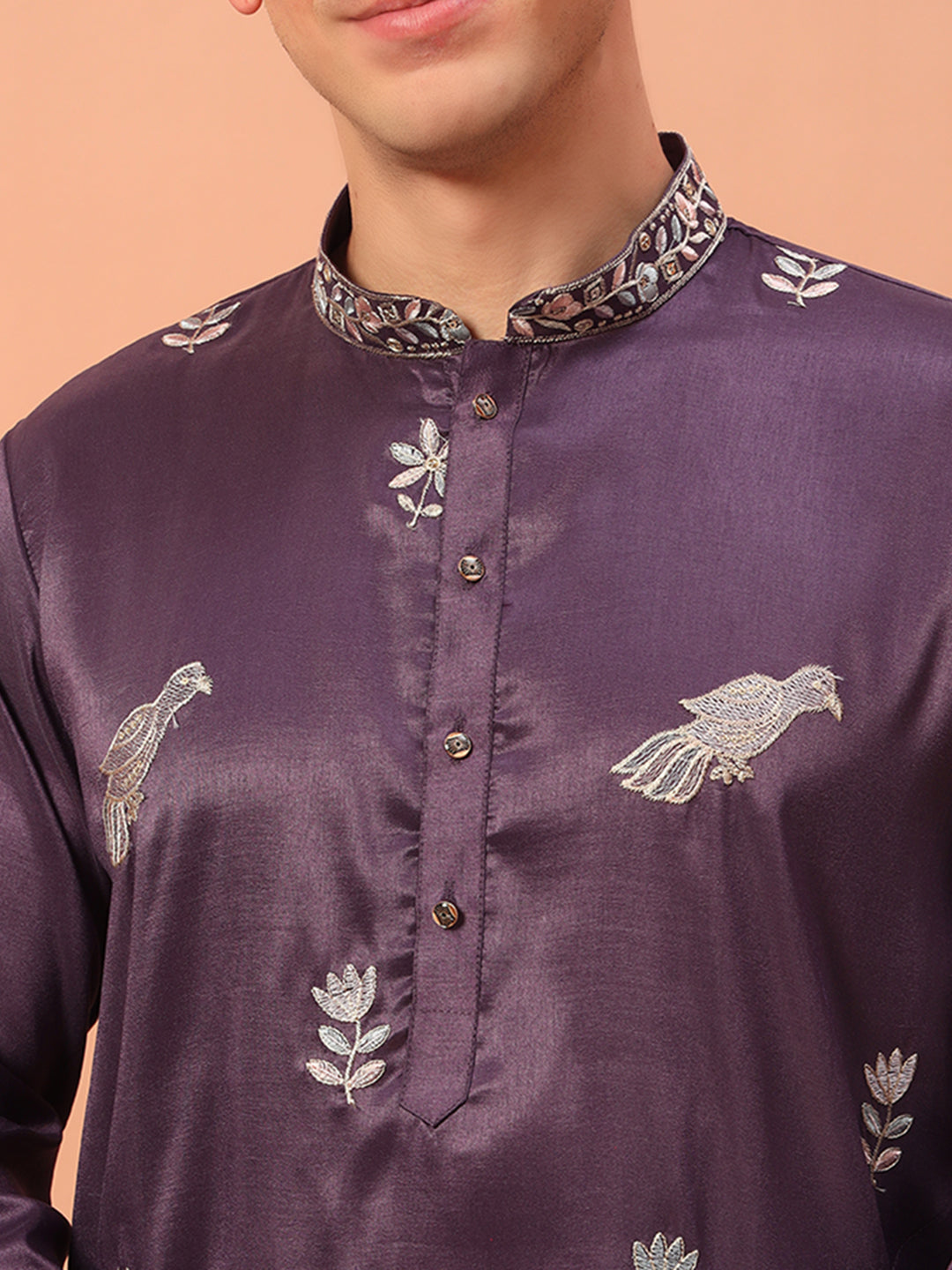 plum royale– Embroidered Kurta with Bird Motif for Men